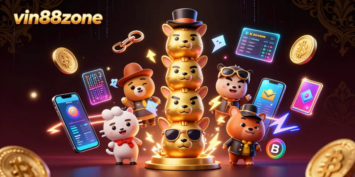 Experience thrilling gameplay at vin88zone with a vibrant totem pole and crypto elements surrounding it.