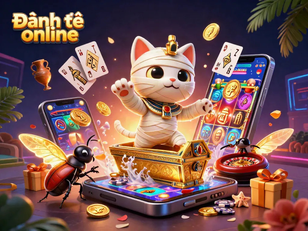 Experience the excitement of Đánh đề online with a vibrant pyramid casino scene featuring a mummy cat and engaging gaming elements.