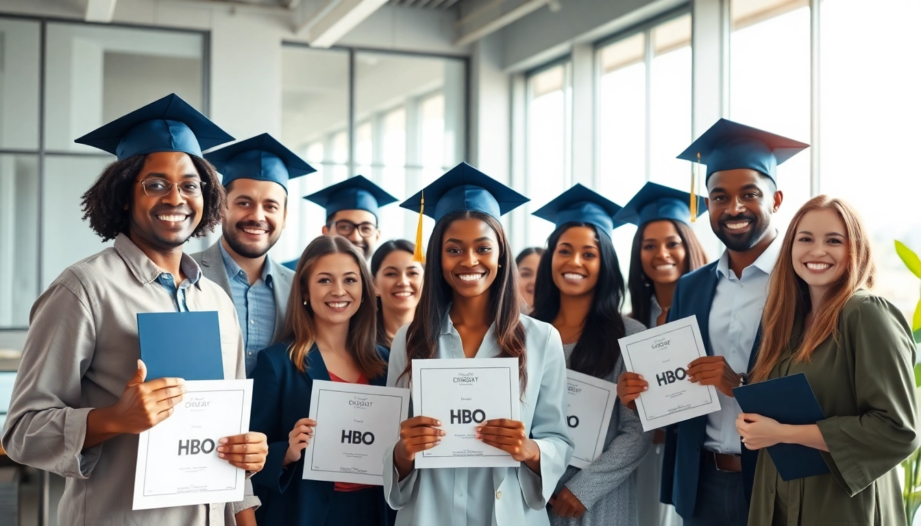 Scène van HBO-diploma kopen met diverse personen die hun afstuderen vieren