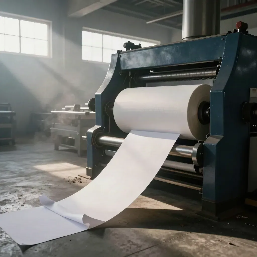 Offsetpers in mistige drukkerij met papierrollen en drukwerkbundels in zacht ochtendlicht.