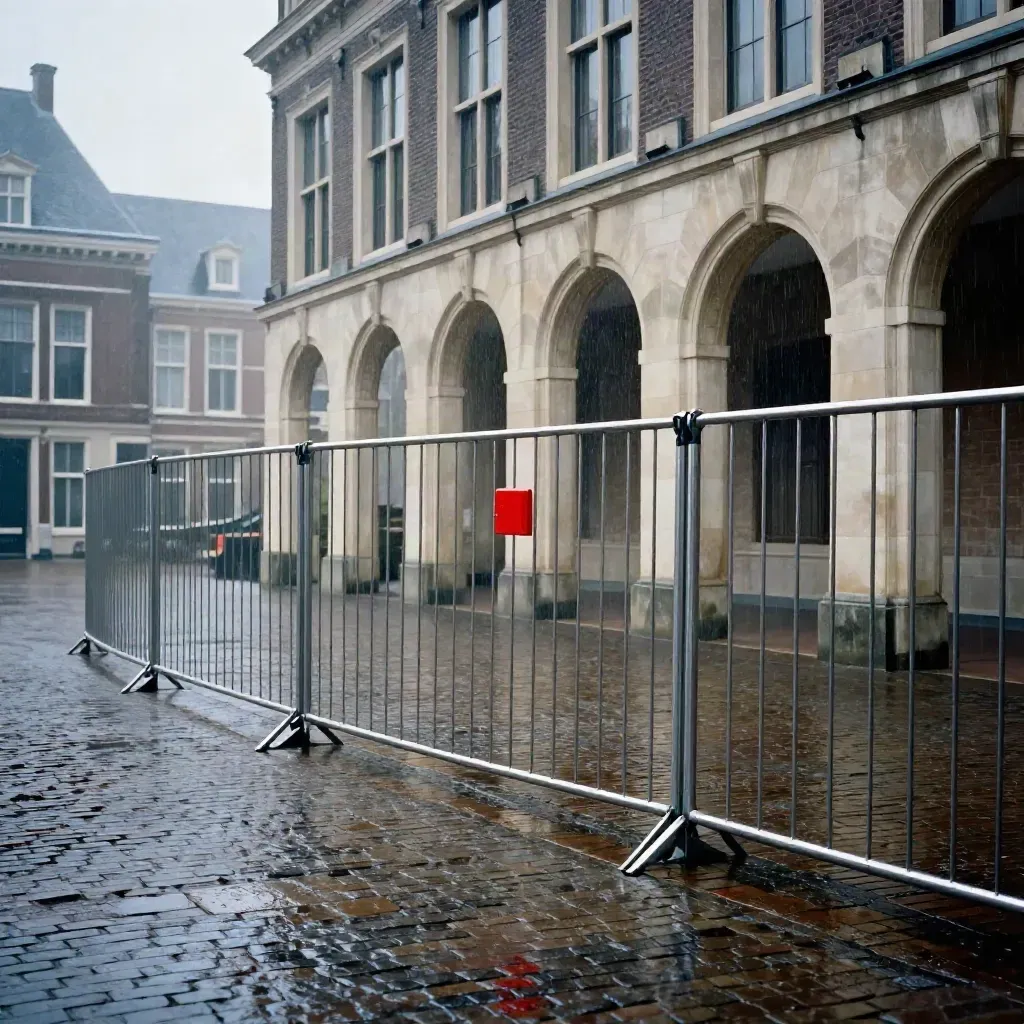Nat Binnenhof met bouwhekken en glanzende kinderkopjes na de regen, vroeg in de ochtend.