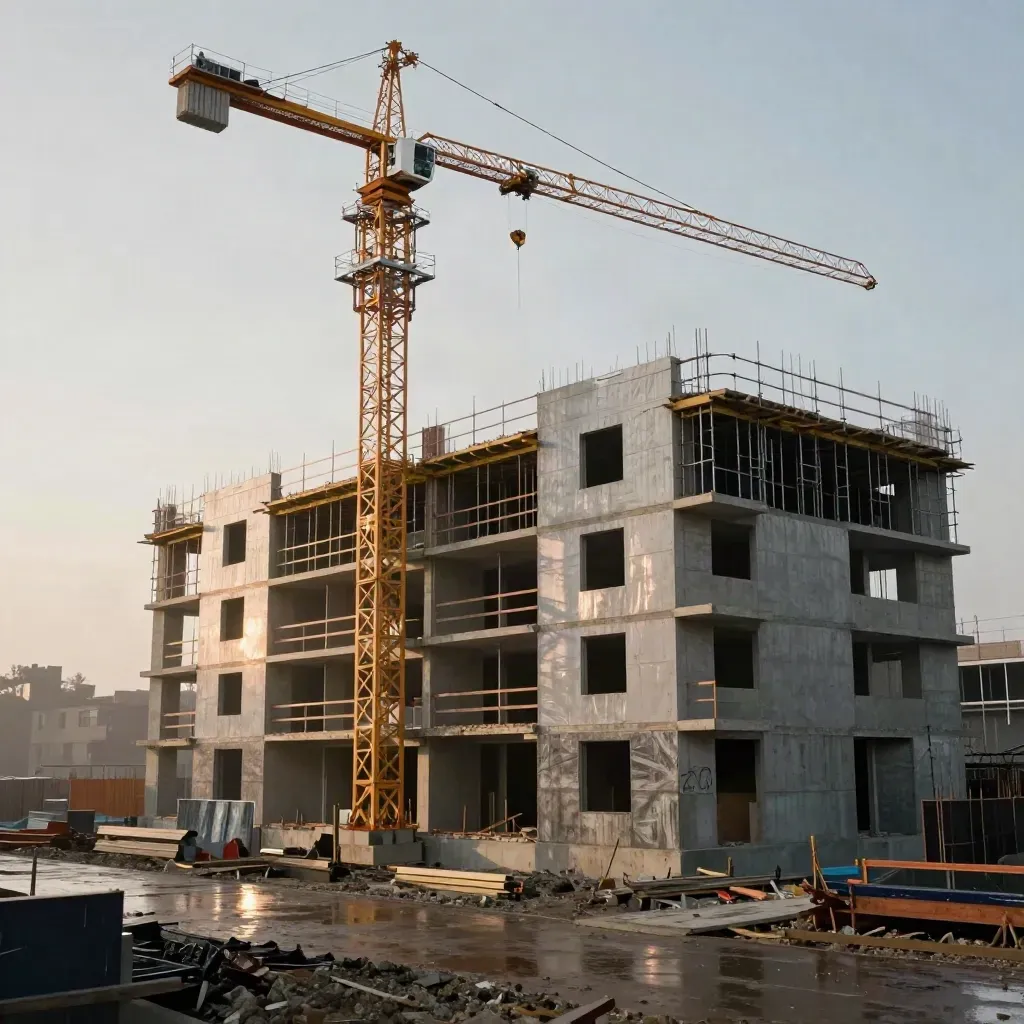 Laag beeld van een bouwkraan boven half opgetrokken appartementen in motregen.