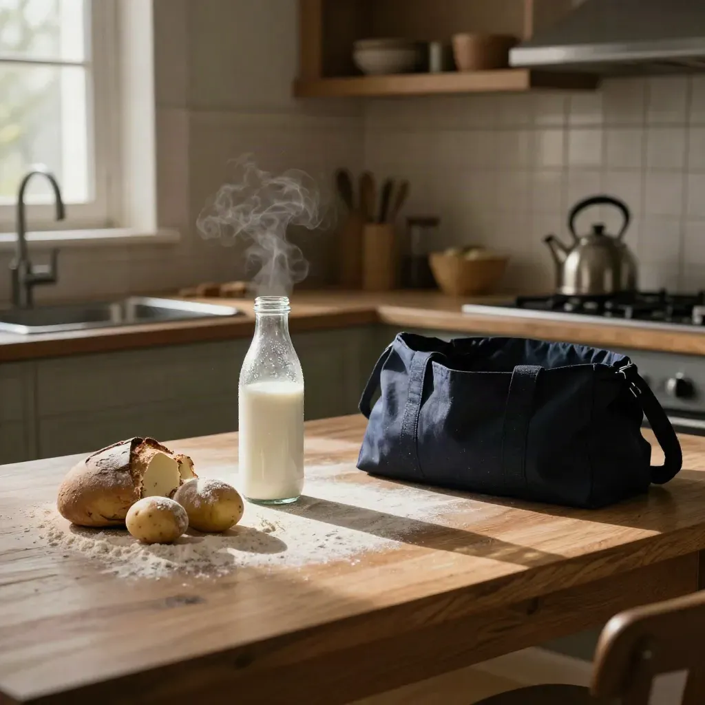 Boodschappen met aardappels, brood en melk op een stille keukenhoek bij avondlicht.