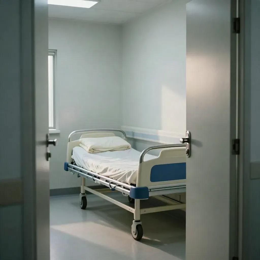 Lege ziekenhuisgang met verrijdbaar bed, opgevouwen dekens en gesloten deuren in koel licht.