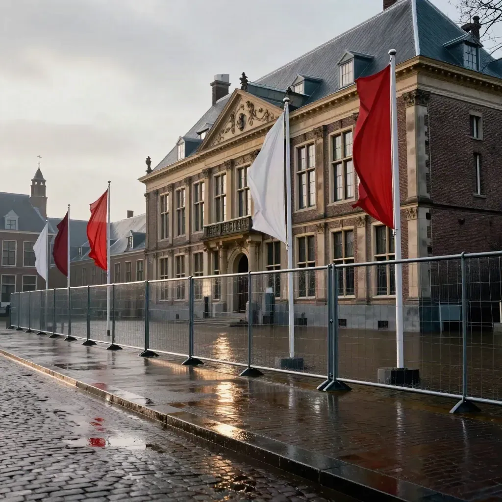 Binnenhofgevel na regen met hekken en rode vlaggen in helder daglicht.