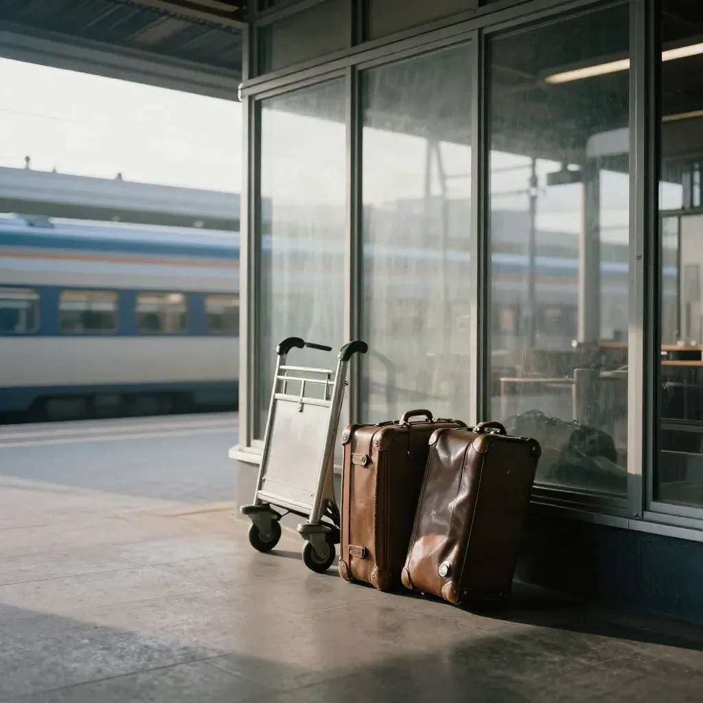 Stationhal met twee koffers, een bagagekar en voorbijrazende treinen in zacht ochtendlicht.