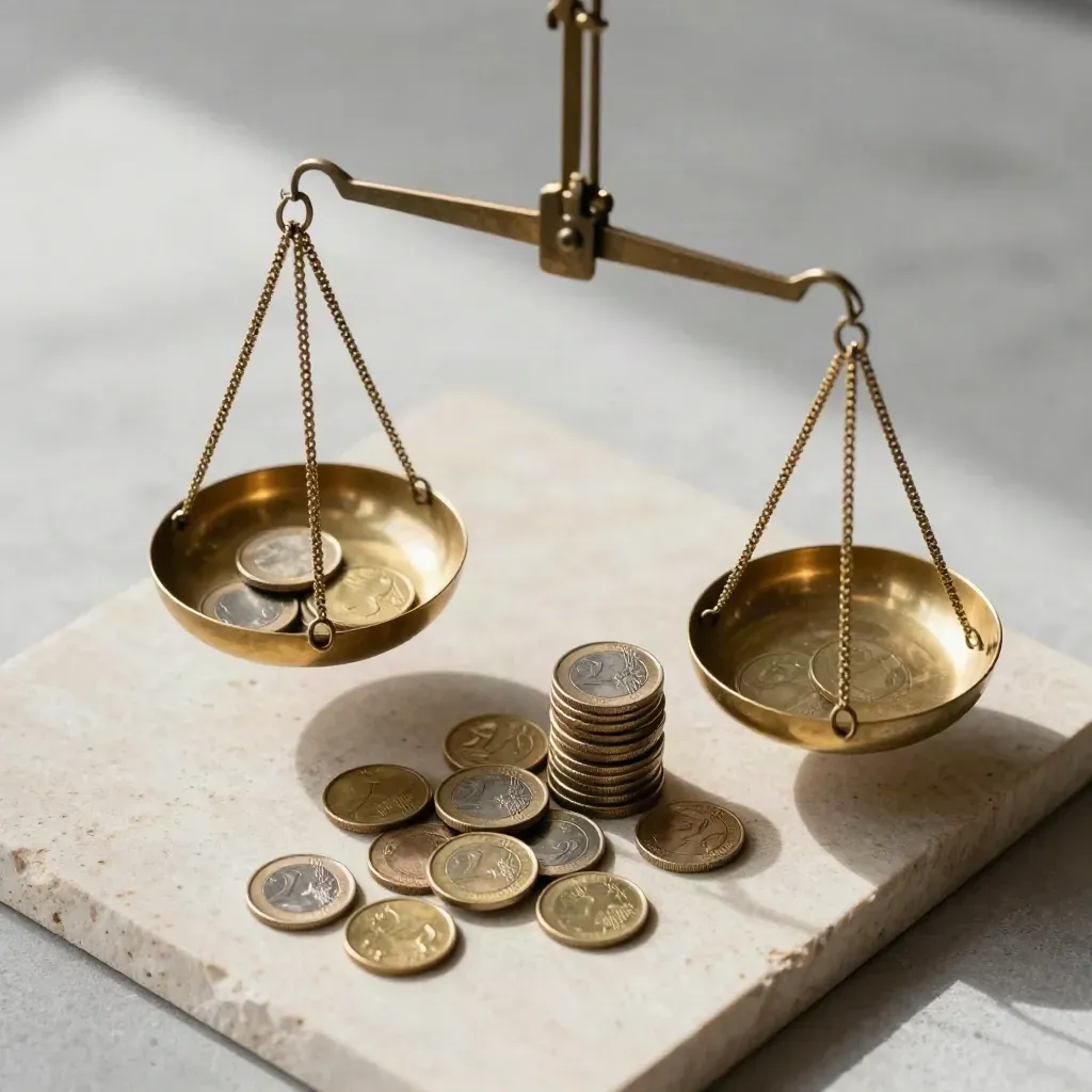 Messing balansweegschaal met eurocenten op een stenen plaat in top-down flatlay.