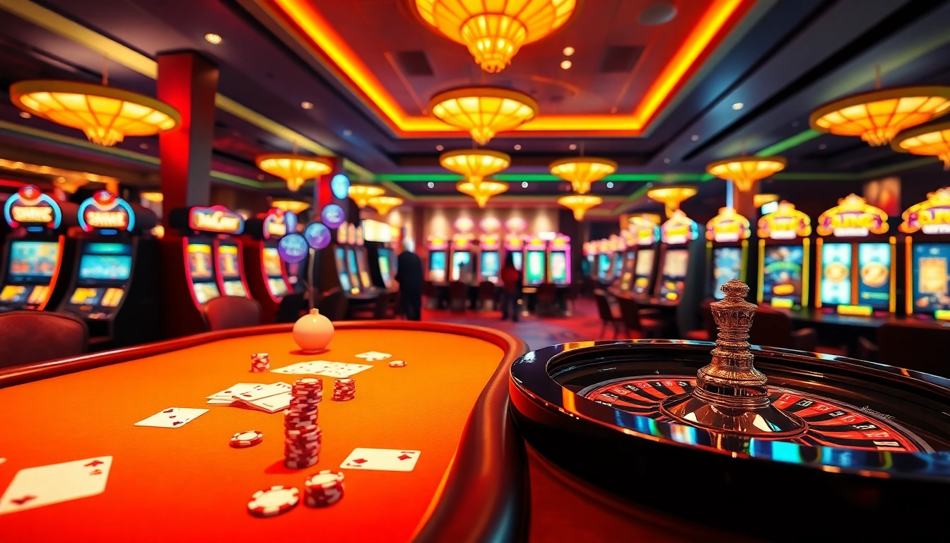Exciting SKY88 casino gaming scene with tables, chips, and slots, showcasing luxury and thrill.