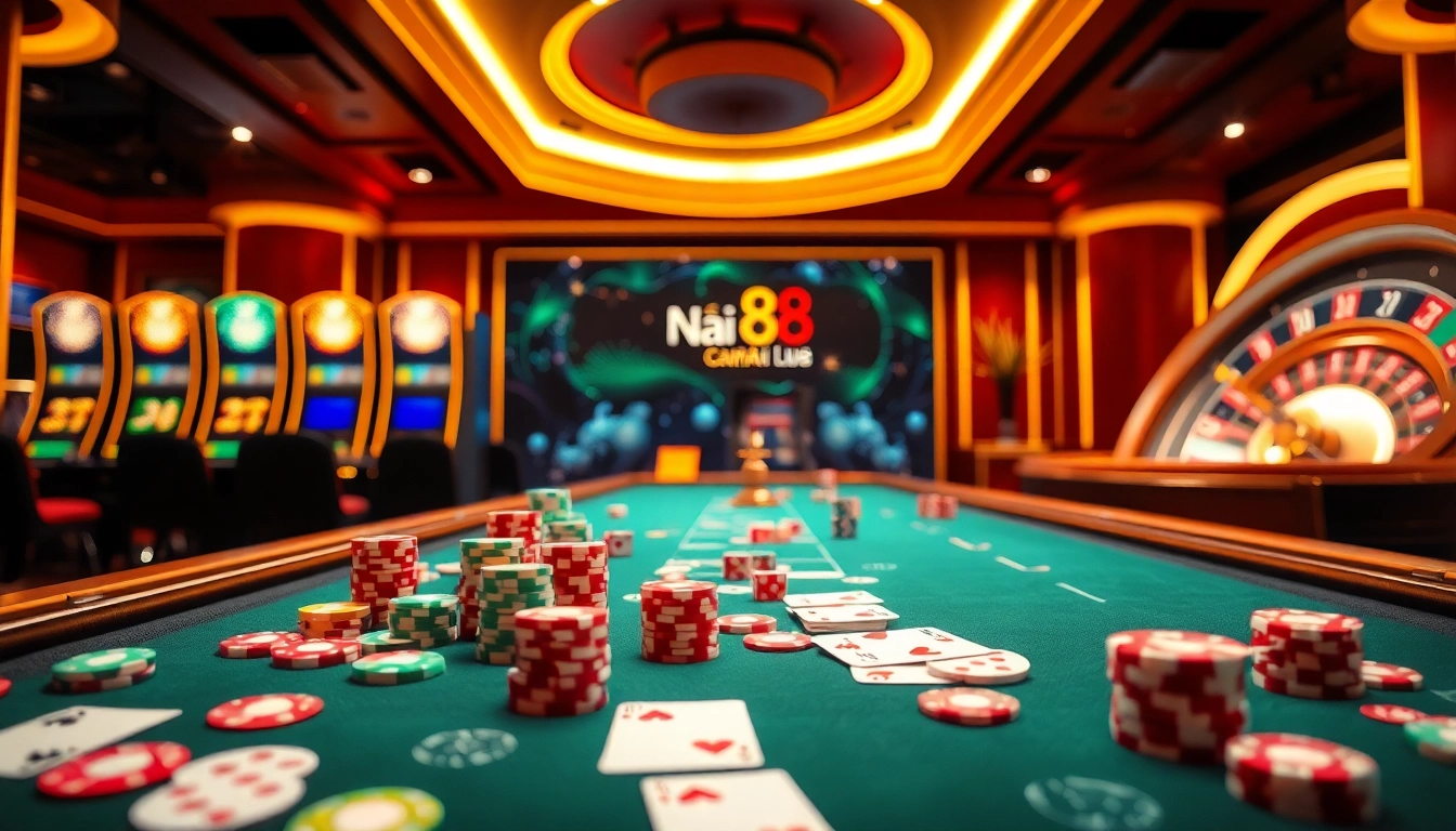 Engaging scene highlighting the excitement of Nhà cái lu88 with table games, roulette, and vibrant poker chips.