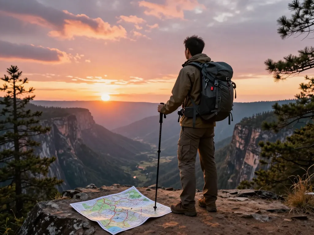 Traveler at sunset overlooking valley with Fly88 backpack, inspiring adventure scene.