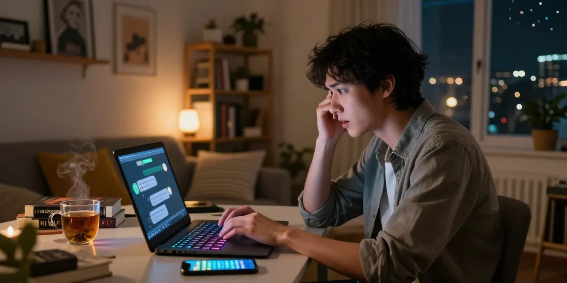 Engaging user interacting with AI NSFW chatbot in cozy home office setting, highlighting contemporary digital intimacy.