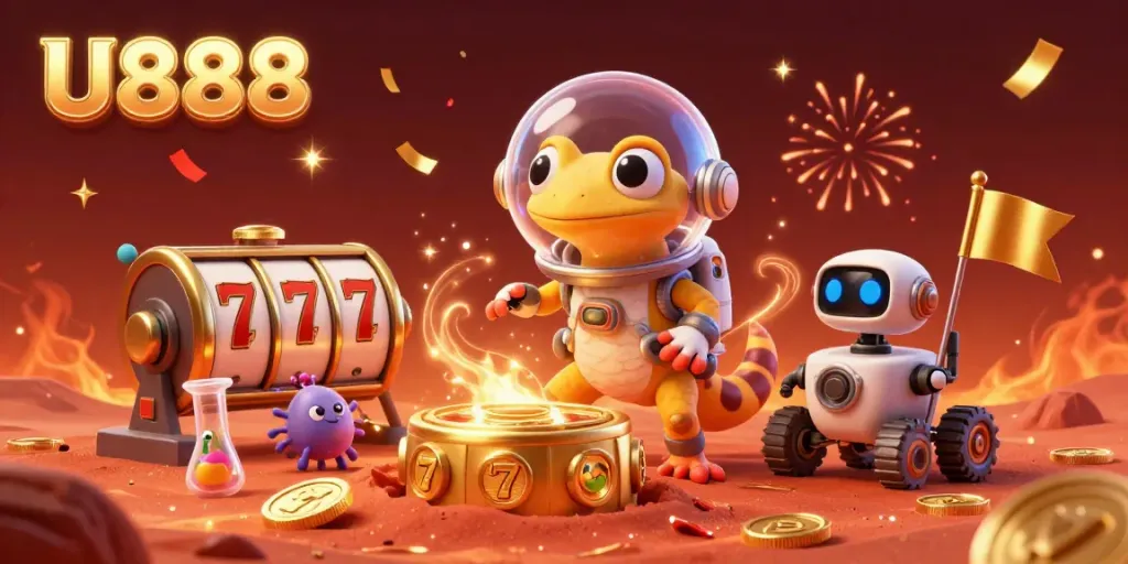 Experience exciting wins at U888 with a Martian gecko discovering a casino in this vibrant illustration.