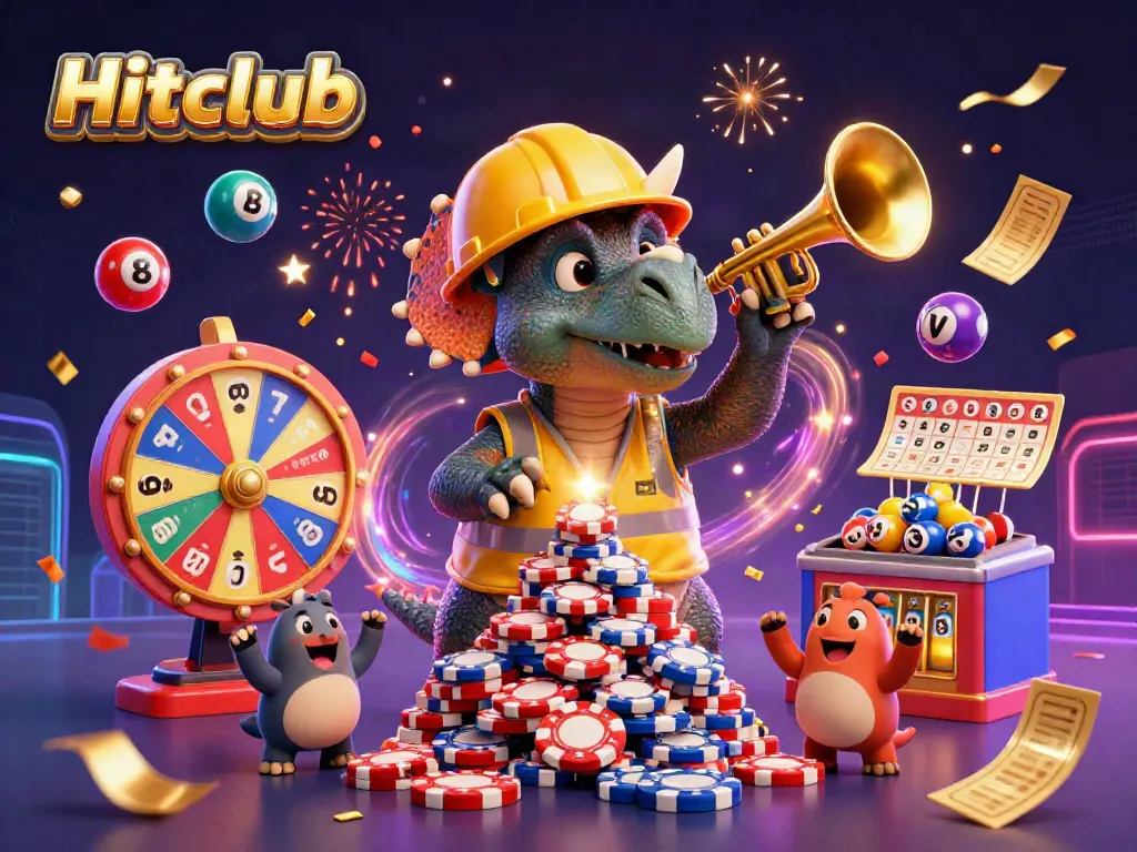 Hitclub triceratops builds poker chips with confetti and lottery elements in lively casino scene.