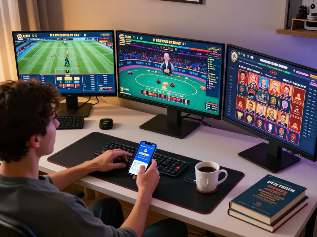 Engaging in online gaming with 78win, a player managing bets at home with multiple screens.