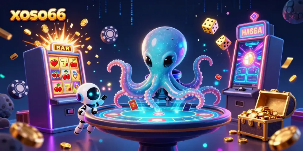 Engage with the dynamic xoso66 casino environment featuring an alien octopus managing holographic gaming elements.