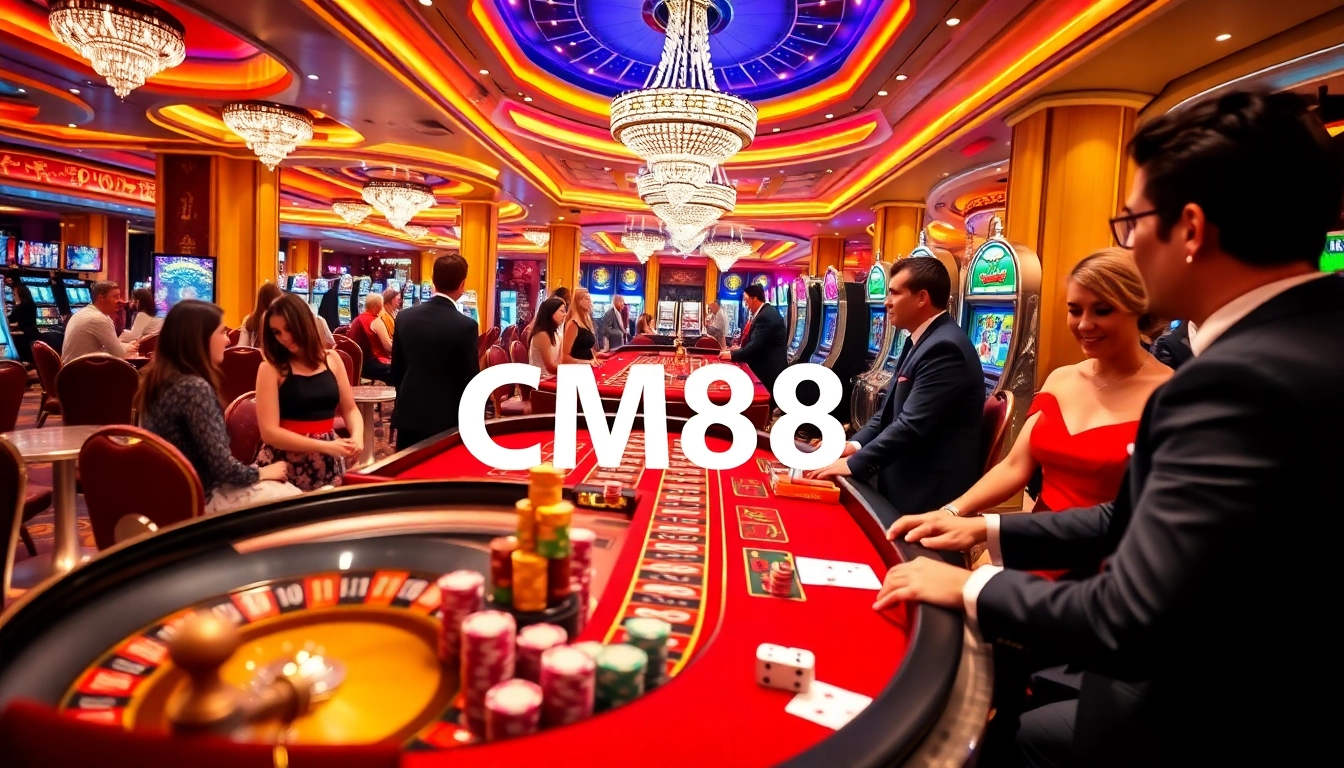 Players enjoying a thrilling casino experience with CM88, featuring chips, cards, and roulette.