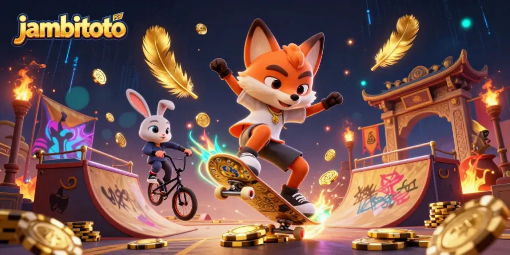 Experience the excitement of jambitoto with a dynamic 3D scene featuring a fox and rabbit amid casino elements.