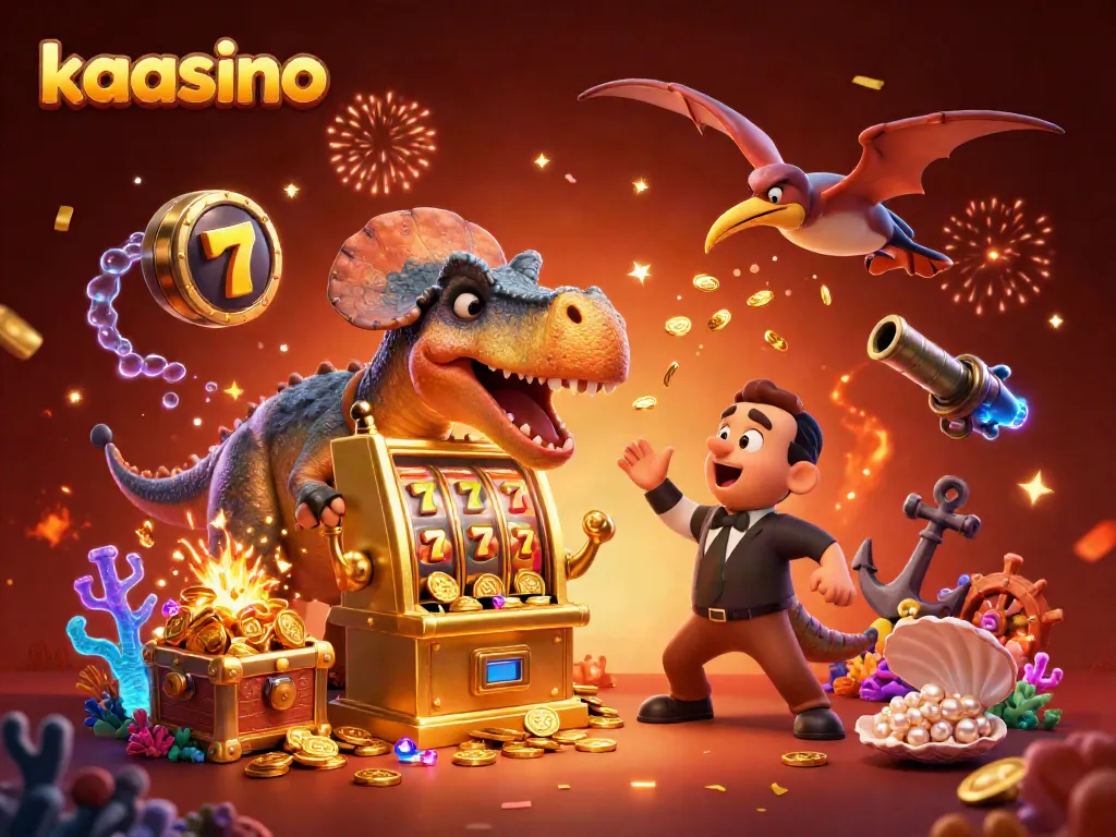 Kaasino wins big with a cartoon dinosaur hitting a slot machine, capturing excitement in the casino world.