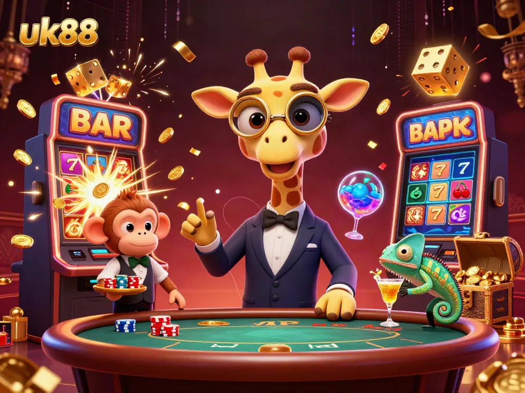 Experience excitement at uk88 with a vibrant 3D casino scene featuring a high-roller giraffe and dynamic gaming elements.