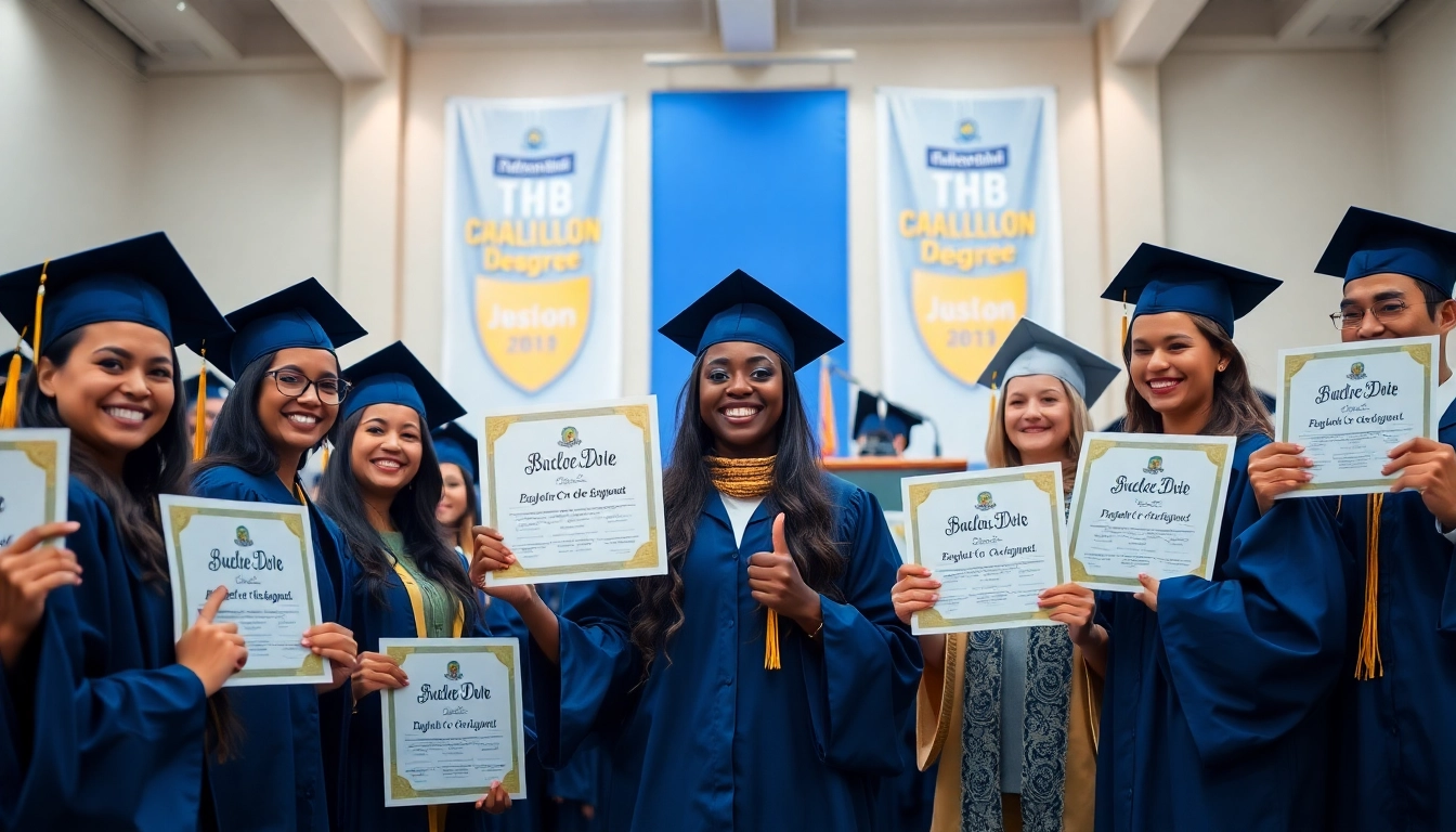 Proud graduates displaying their bachelor urkunde certificates at a university graduation ceremony.