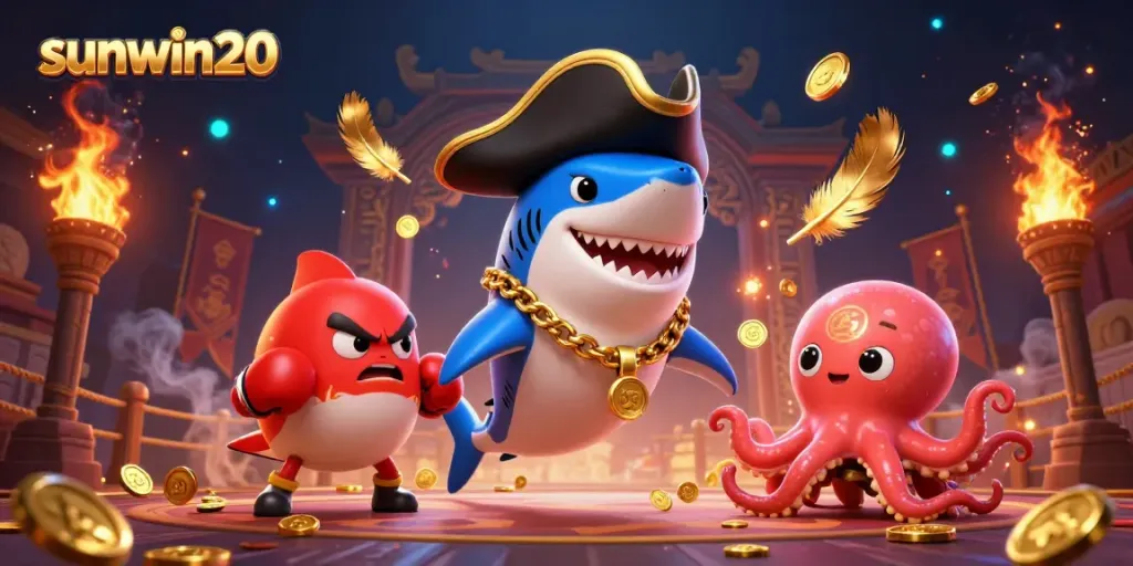 Engage in thrilling gameplay with sunwin20 as cartoon characters collect coins in a vibrant casino setting.