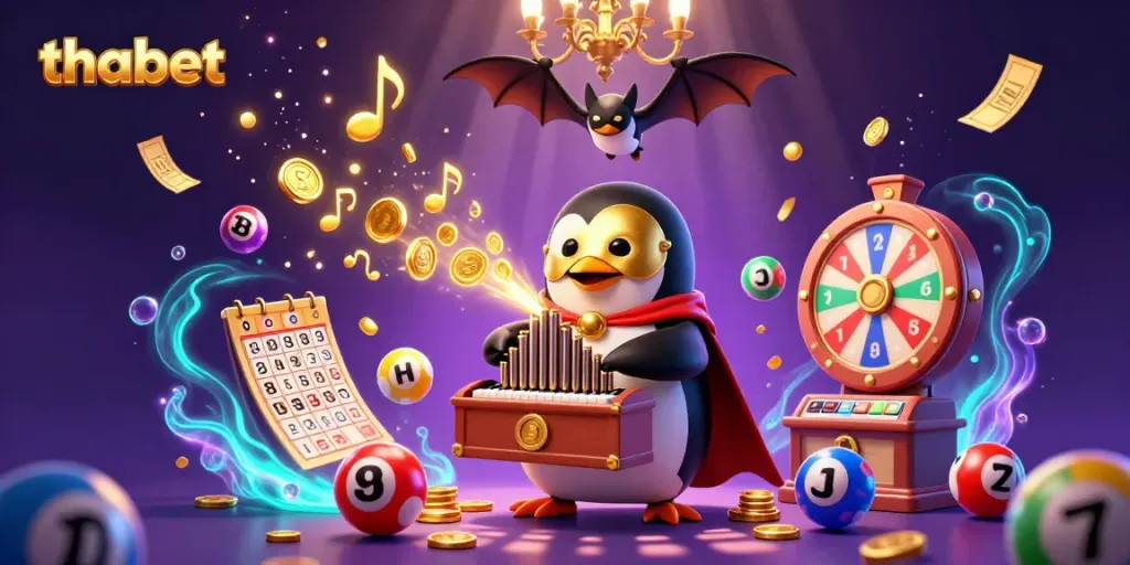 Experience thabet's dazzling online casino scene with a 3D penguin, golden coins, and vibrant lottery balls.