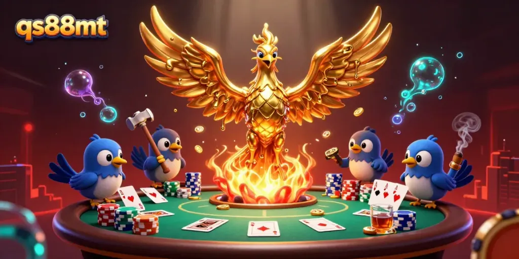 Join the thrilling action with qs88mt at this vibrant online casino scene, featuring poker chips and games.