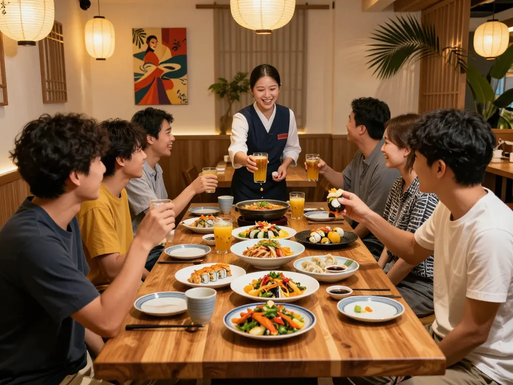 Group enjoying a lively meal at RED88 restaurant with vibrant Asian dishes.