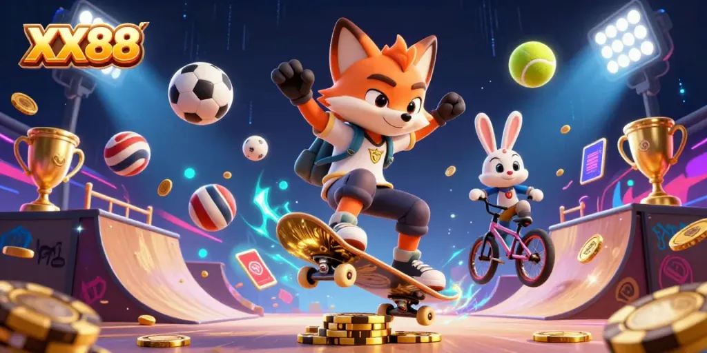 Skateboarding fox performing tricks at XX88 casino with vibrant sports elements and colorful graphics.