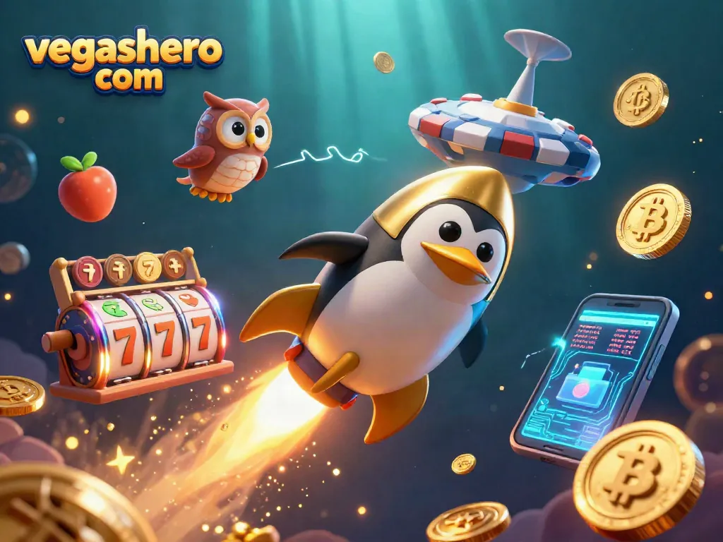 Engage with vegashero com's thrilling casino action featuring a golden penguin and vibrant slot elements.