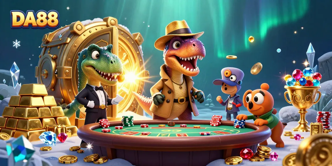 DA88 velociraptor card counter engages in a high-stakes blackjack scene under a gold treasure vault.