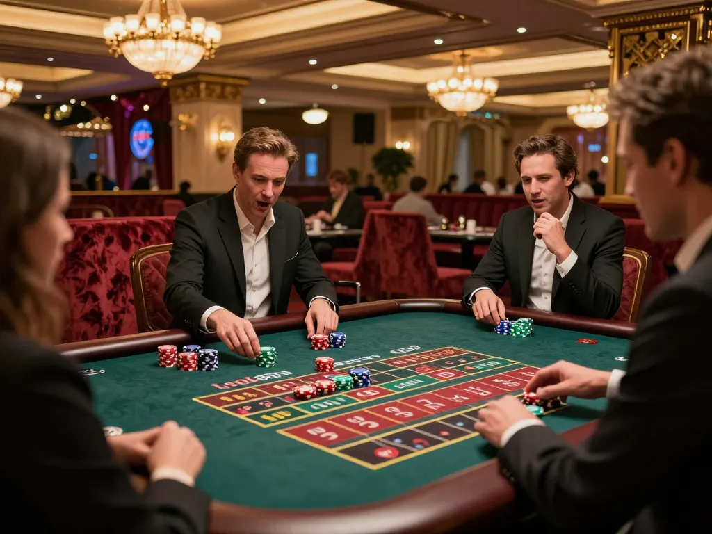 Lode88vi players engaged at an elegant roulette table, showcasing vibrant chips and excitement.