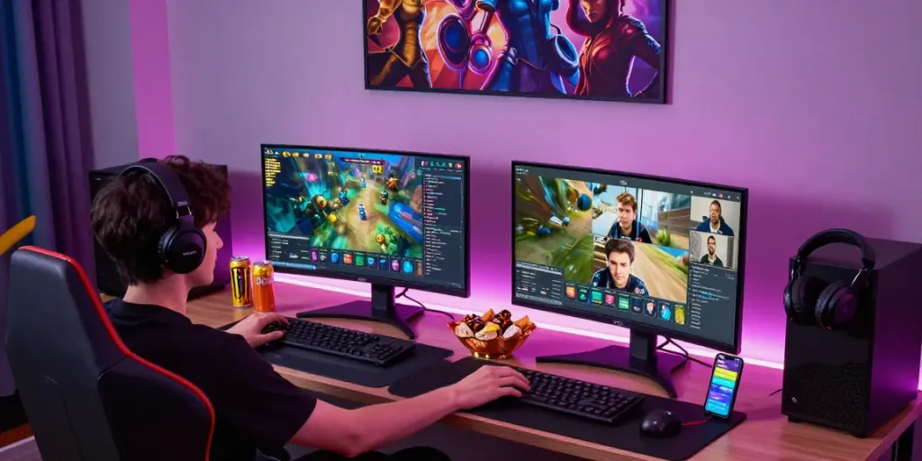 Engaging gaming community scene featuring rokok88 login with vibrant setup and gamers in action.