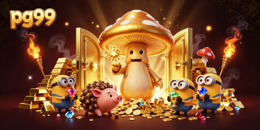 Experience the magic of pg99 with a golden wizard and treasures in a vibrant casino-themed illustration.