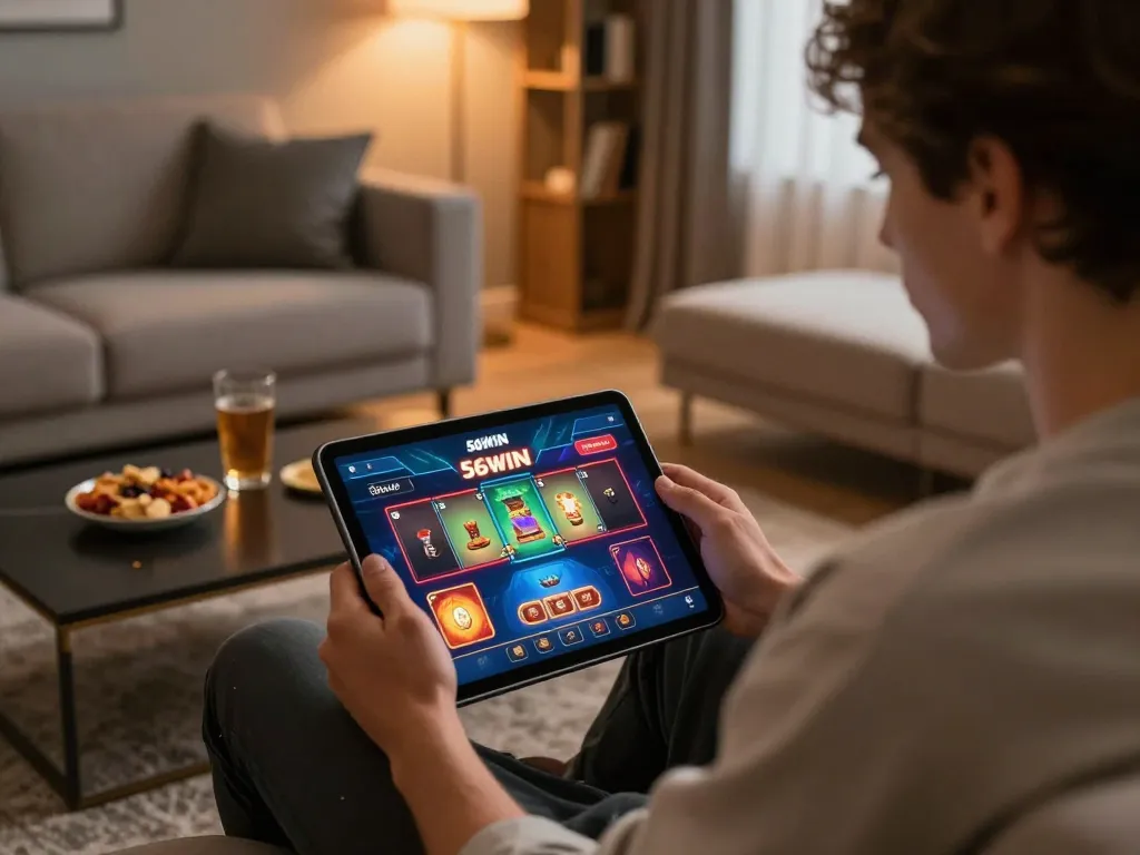 Player engaged in 56WIN online casino gaming on a tablet in a cozy home setting, enjoying an immersive experience.