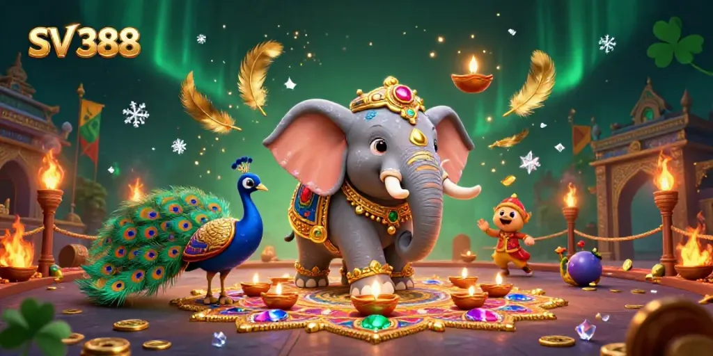 Engage with SV 388's exotic gaming scene featuring vibrant characters, gold coins, and dynamic elements.