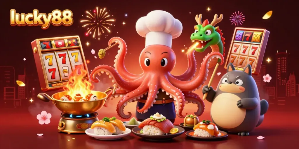 Experience the thrill of lucky88 with a vibrant 3D casino scene featuring a sushi chef octopus and festive elements.