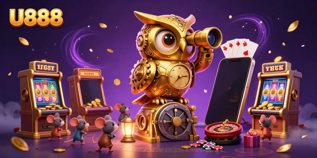 Engage in thrilling slots at U888 with a 3D illustration featuring an owl and mouse in a vibrant casino.