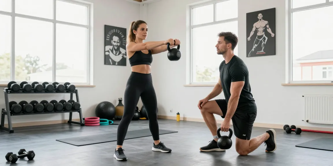 1-op-1 coaching in de private gym met Stijn, waar een vrouw kettlebell swings uitvoert onder persoonlijke begeleiding.