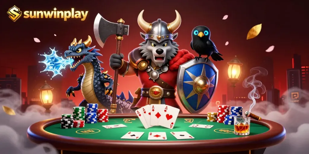 Win at sunwinplay with Viking warriors and poker action in a vibrant casino atmosphere.