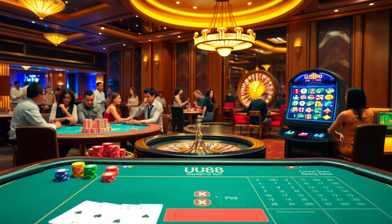 Experience the thrill of gambling at UU88 with captivating casino visuals featuring vibrant gaming tables and digital interfaces.