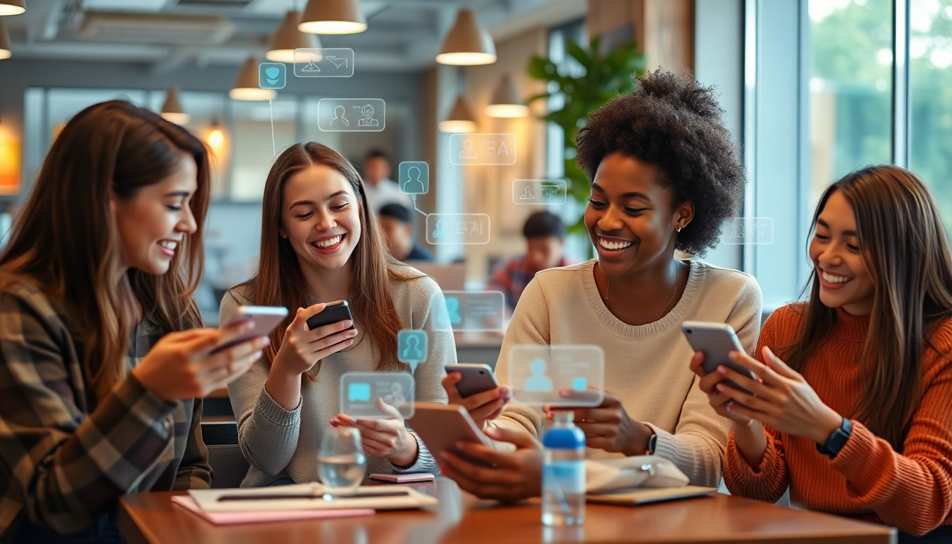 Sexting AI conversation among young adults using chatbots in a modern cafe.