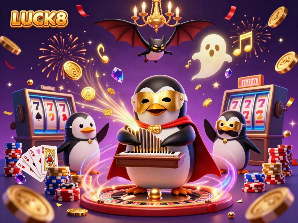 LUCK8 themed casino scene with a penguin playing an organ shooting coins, vibrant gambling elements.