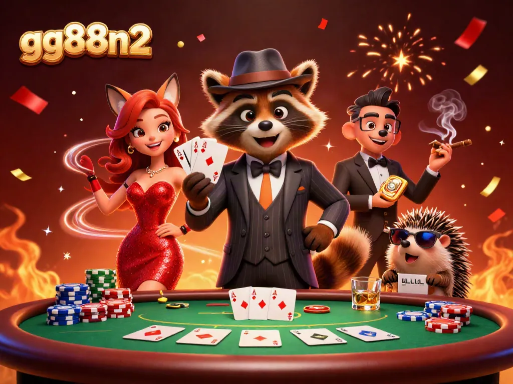 Engage in casino excitement with the gg88n2 raccoon and friends showcasing poker thrills and lavish game elements.