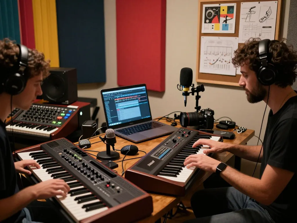 Musicians excitedly collaborating on music creation using VK88 organ in a vibrant home studio.