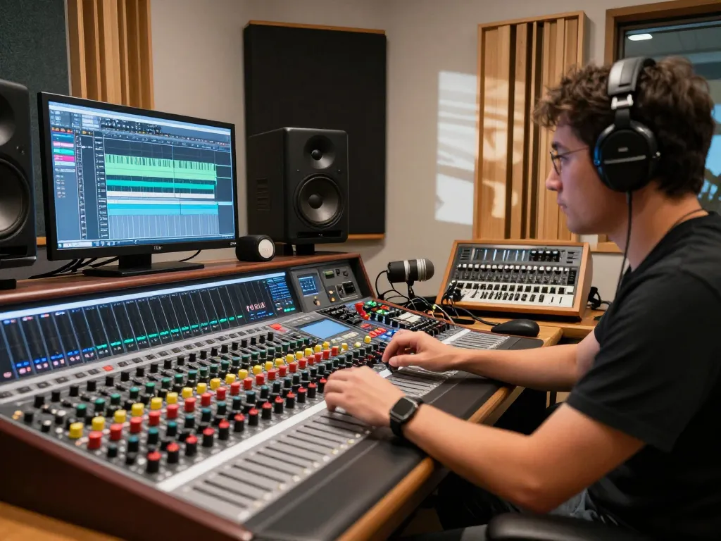 audio engineer working on link da88 in a modern sound studio with multiple screens and acoustic panels.