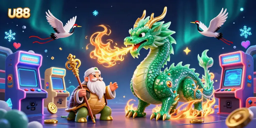 Experience thrilling gaming adventures with u88's vibrant casino illustration featuring dragons and gaming machines.