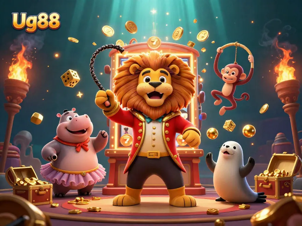 Experience the excitement of Ug88 with a lively illustration of jackpot wins, casino games, and energetic characters.