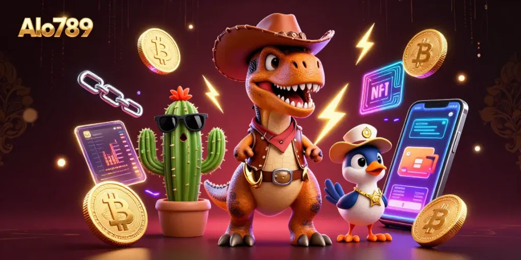 Alo789 reveals a thrilling casino experience with a cowboy dinosaur and crypto elements.