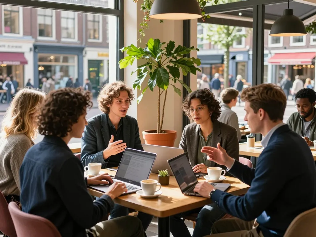 Samenwerkende professionals die in een café bespreken, met de nadruk op bedrijven in Utrecht.